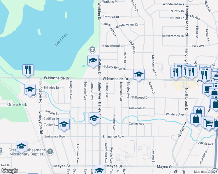 map of restaurants, bars, coffee shops, grocery stores, and more near 3835 Bishop Avenue in Jackson