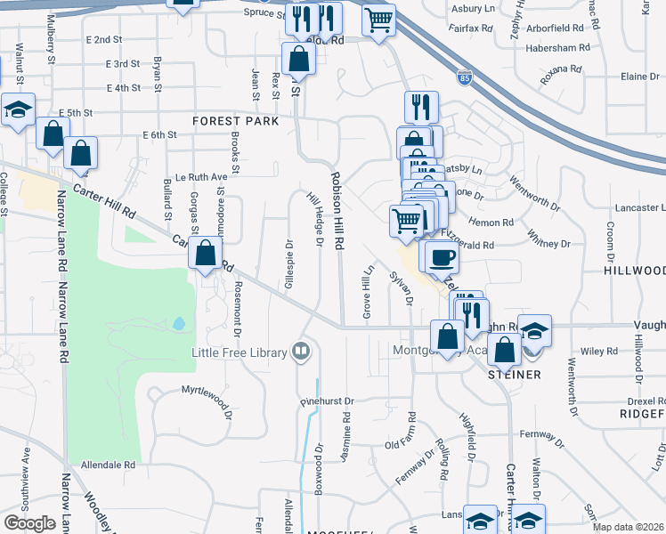 map of restaurants, bars, coffee shops, grocery stores, and more near 1844 Robison Hill Road in Montgomery