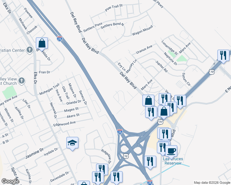 map of restaurants, bars, coffee shops, grocery stores, and more near 3405 Valverde Loop in Las Cruces
