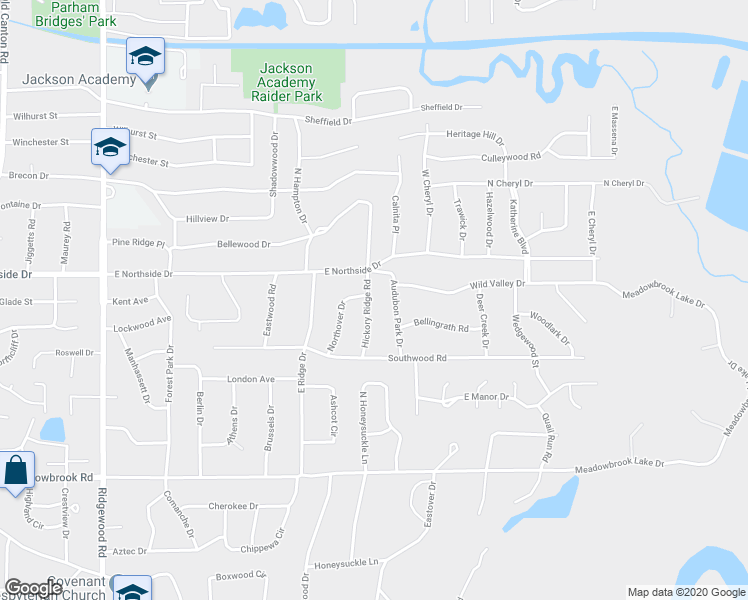 map of restaurants, bars, coffee shops, grocery stores, and more near 4458 Hickory Ridge Road in Jackson