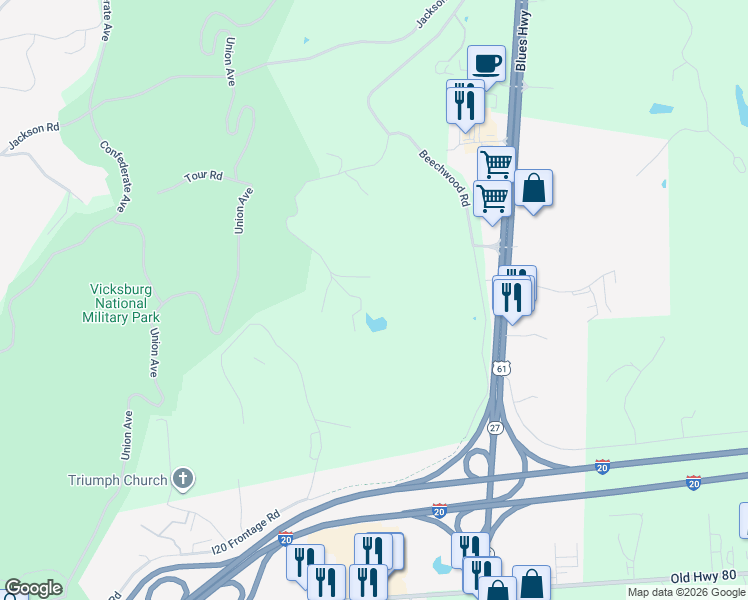 map of restaurants, bars, coffee shops, grocery stores, and more near 405 Logue Circle in Vicksburg