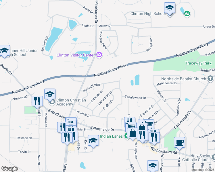 map of restaurants, bars, coffee shops, grocery stores, and more near 1419 Huntcliff Way in Clinton