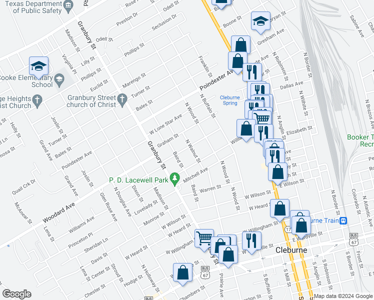 map of restaurants, bars, coffee shops, grocery stores, and more near 303 Myers Street in Cleburne