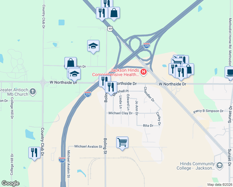 map of restaurants, bars, coffee shops, grocery stores, and more near 1950 Marshall Place in Jackson