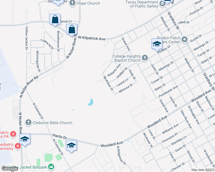 map of restaurants, bars, coffee shops, grocery stores, and more near 1603 Roberts Avenue in Cleburne