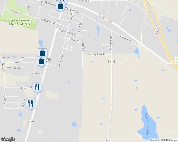 map of restaurants, bars, coffee shops, grocery stores, and more near 1001 South Sutton Street in Mabank