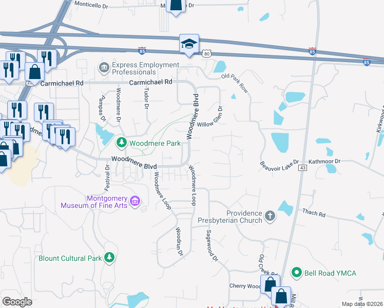 map of restaurants, bars, coffee shops, grocery stores, and more near 1517 Westminster Drive in Montgomery