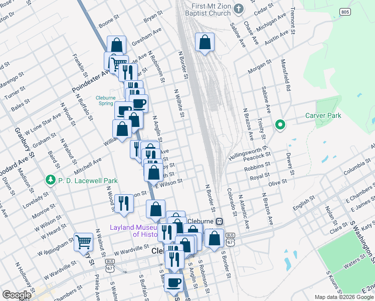 map of restaurants, bars, coffee shops, grocery stores, and more near 615 North Wilhite Street in Cleburne