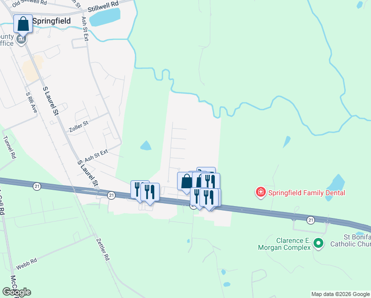 map of restaurants, bars, coffee shops, grocery stores, and more near 1273 Highway 21 in Springfield