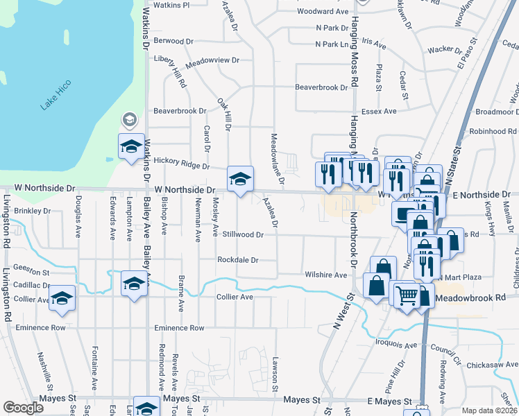 map of restaurants, bars, coffee shops, grocery stores, and more near 3855 Azalea Drive in Jackson