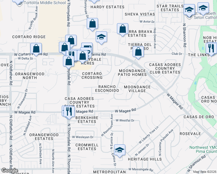 map of restaurants, bars, coffee shops, grocery stores, and more near 8180 North Camino De La Viola in Tucson
