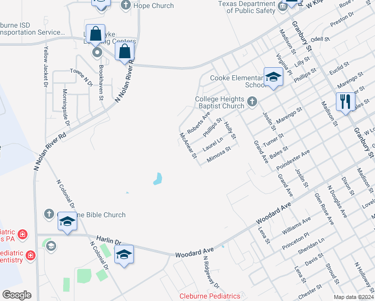 map of restaurants, bars, coffee shops, grocery stores, and more near 1607 McAnear Street in Cleburne