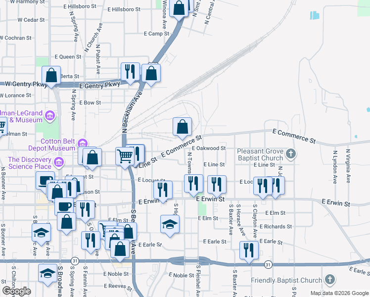 map of restaurants, bars, coffee shops, grocery stores, and more near 599 North Anderson Avenue in Tyler