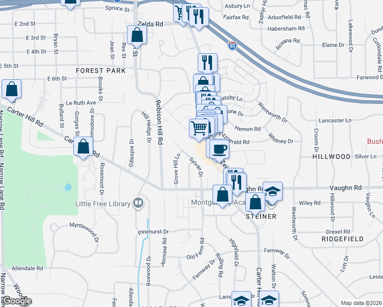 map of restaurants, bars, coffee shops, grocery stores, and more near 1761 Sylvan Drive in Montgomery