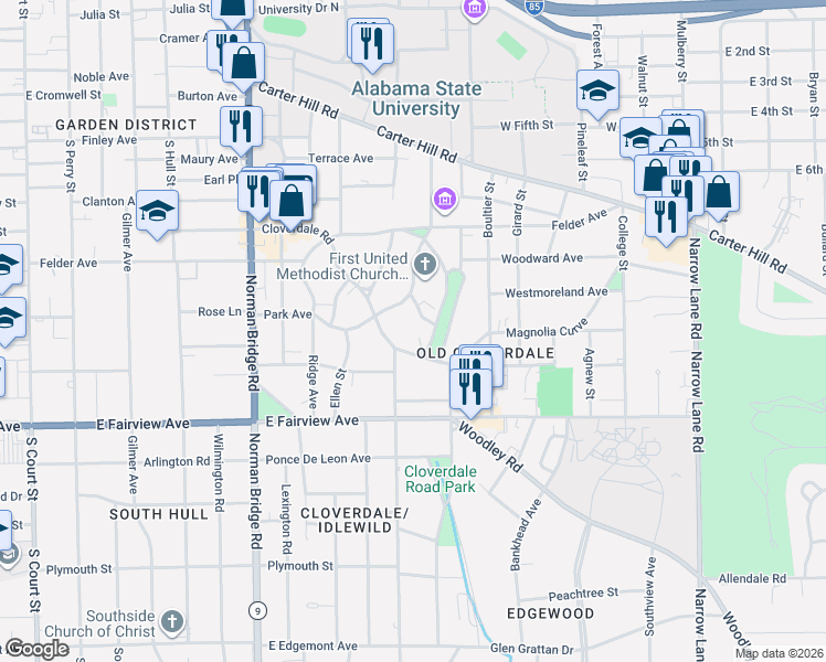 map of restaurants, bars, coffee shops, grocery stores, and more near 805 Cloverdale Road in Montgomery