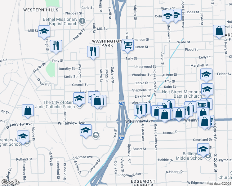 map of restaurants, bars, coffee shops, grocery stores, and more near 923 Stephens Street in Montgomery