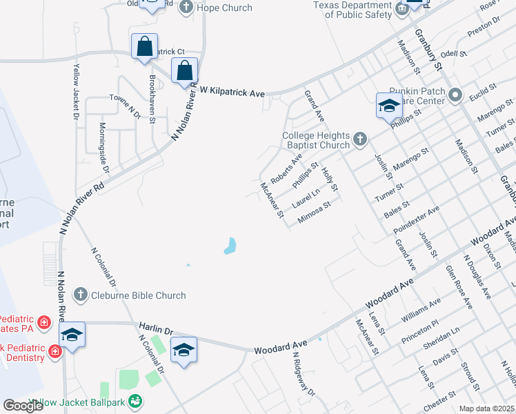 map of restaurants, bars, coffee shops, grocery stores, and more near 1603 Roberts Avenue in Cleburne