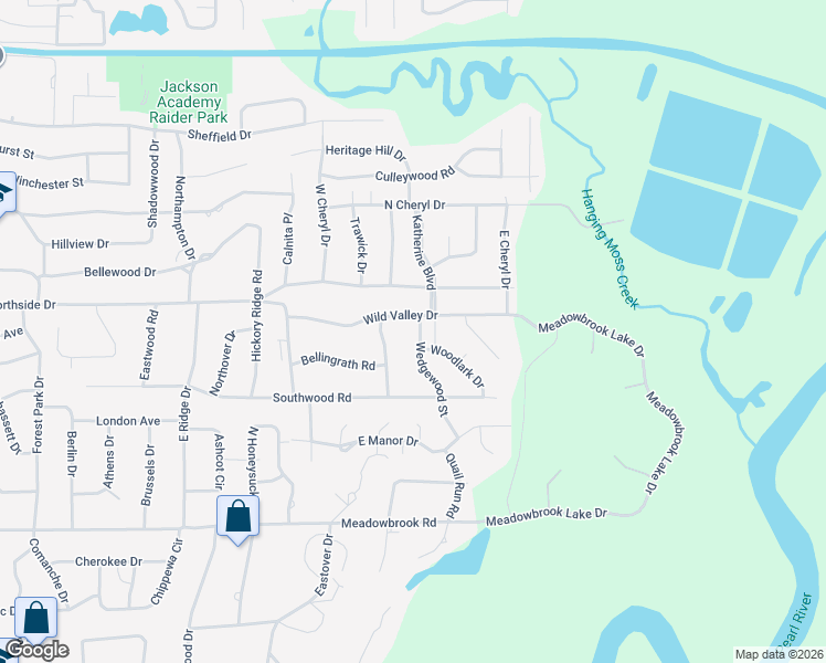 map of restaurants, bars, coffee shops, grocery stores, and more near 4465 Wedgewood Street in Jackson