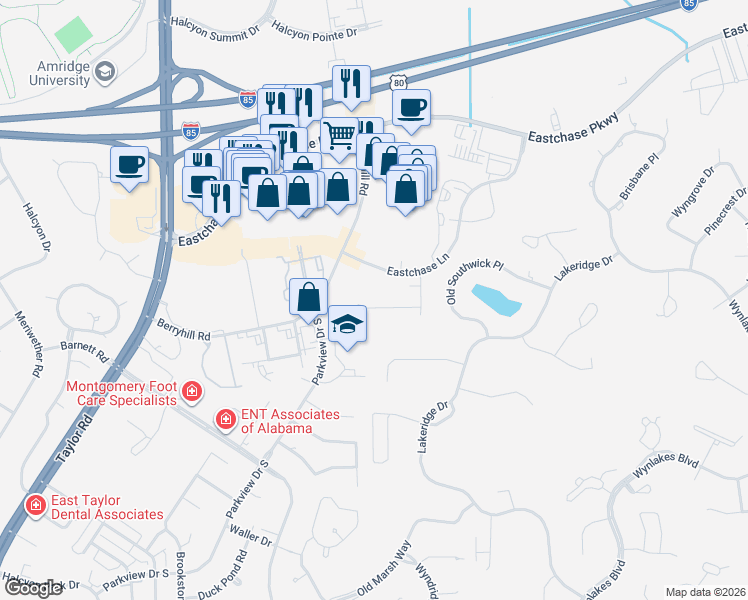 map of restaurants, bars, coffee shops, grocery stores, and more near 2315 Eastchase Ln in Montgomery