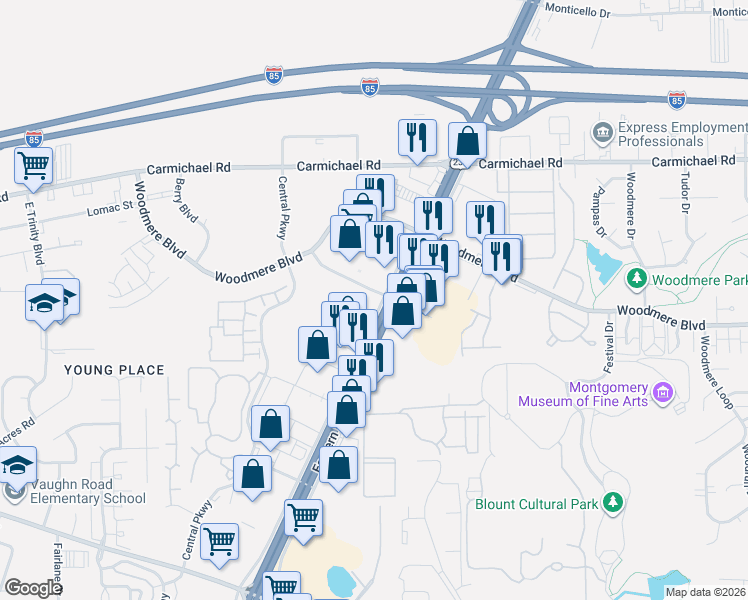map of restaurants, bars, coffee shops, grocery stores, and more near 1951-1953 Eastern Boulevard in Montgomery