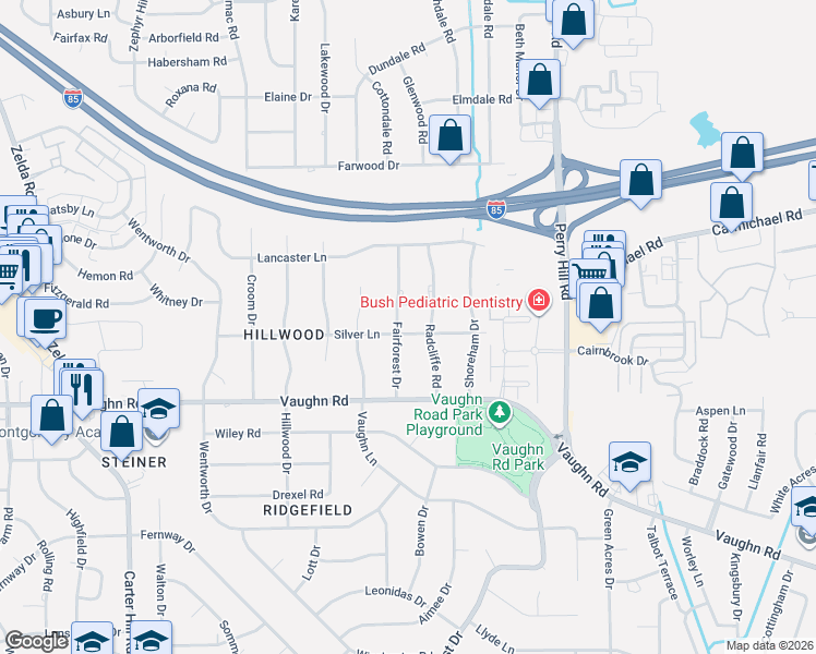 map of restaurants, bars, coffee shops, grocery stores, and more near 3539-3599 Silver Lane in Montgomery