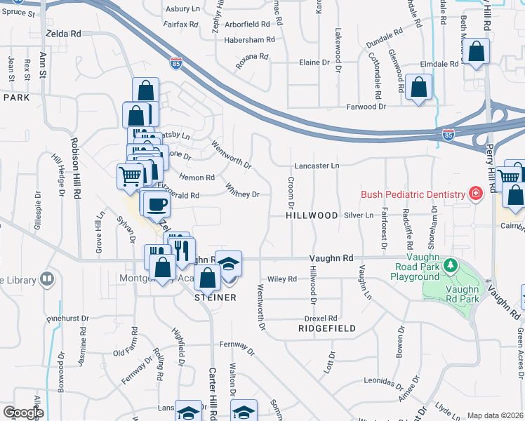 map of restaurants, bars, coffee shops, grocery stores, and more near 1754-1760 Wentworth Drive in Montgomery