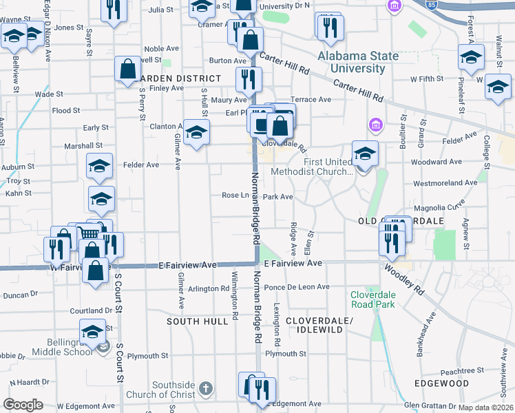 map of restaurants, bars, coffee shops, grocery stores, and more near 1919 Norman Bridge Road in Montgomery