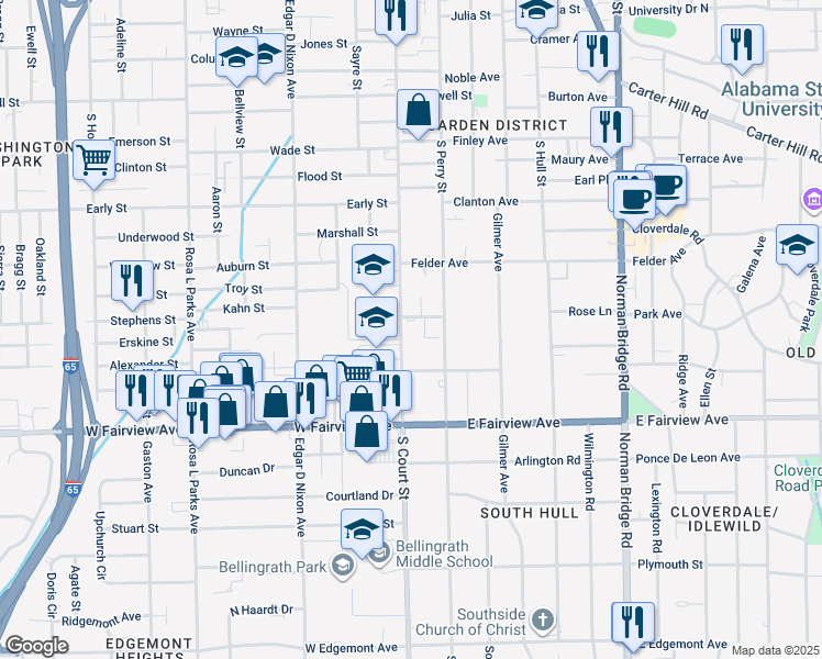 map of restaurants, bars, coffee shops, grocery stores, and more near 44 Howard Street in Montgomery