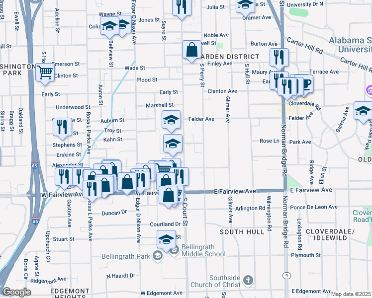 map of restaurants, bars, coffee shops, grocery stores, and more near 44 Howard Street in Montgomery