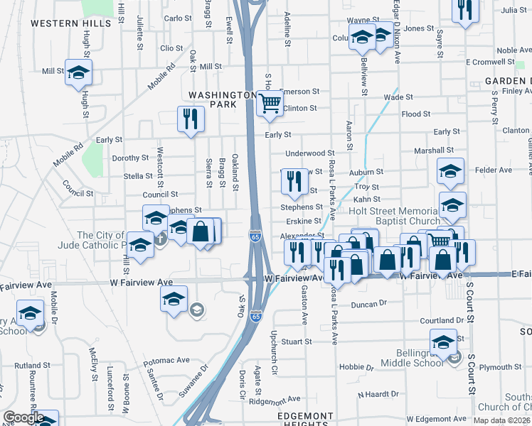 map of restaurants, bars, coffee shops, grocery stores, and more near 1604 South Holt Street in Montgomery