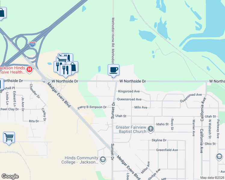 map of restaurants, bars, coffee shops, grocery stores, and more near 4430 Sunset Drive in Jackson