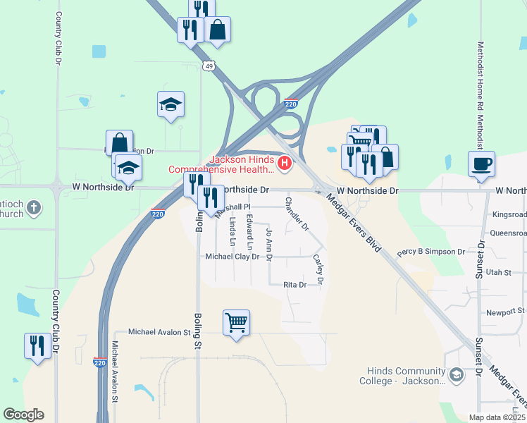 map of restaurants, bars, coffee shops, grocery stores, and more near 2021 Marshall Place in Jackson