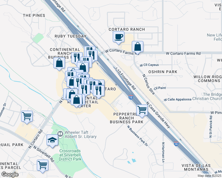 map of restaurants, bars, coffee shops, grocery stores, and more near 5850 West Arizona Pavilions Drive in Tucson