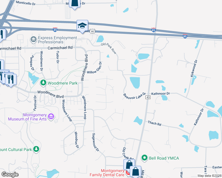 map of restaurants, bars, coffee shops, grocery stores, and more near 6316 Old Pond Road in Montgomery