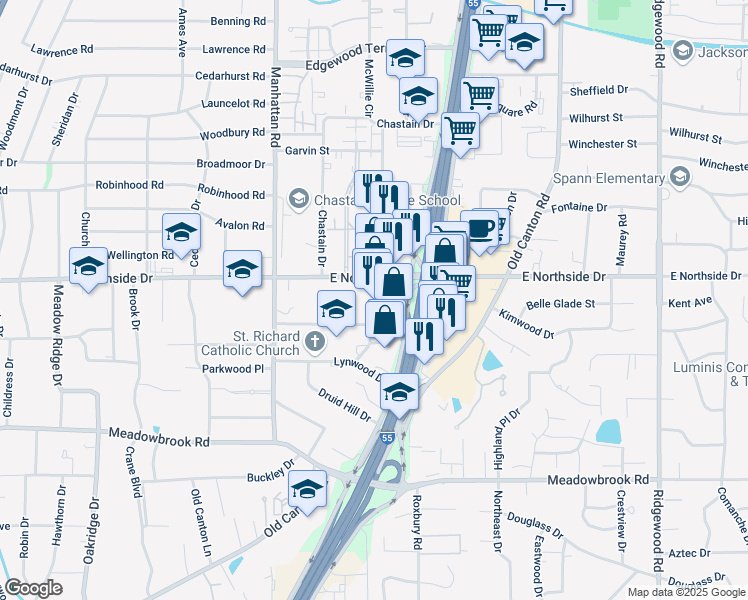 map of restaurants, bars, coffee shops, grocery stores, and more near 4559 Office Park Drive in Jackson
