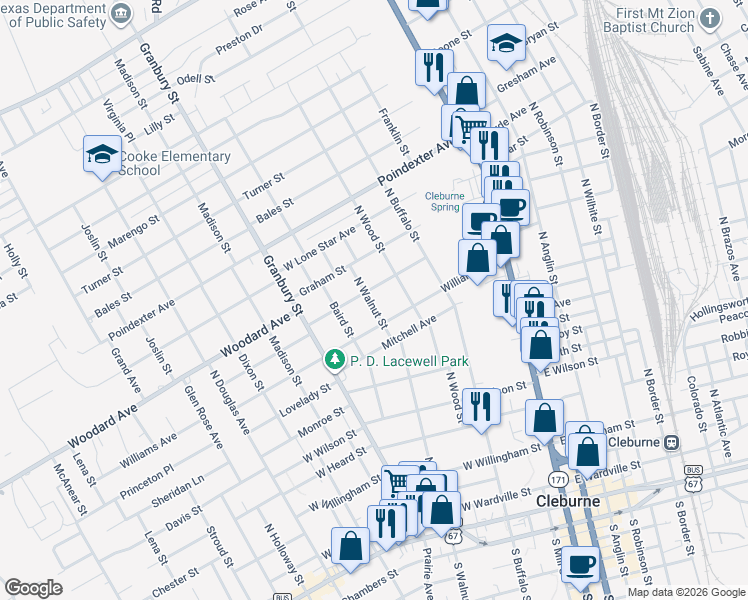map of restaurants, bars, coffee shops, grocery stores, and more near 910 N Walnut St in Cleburne