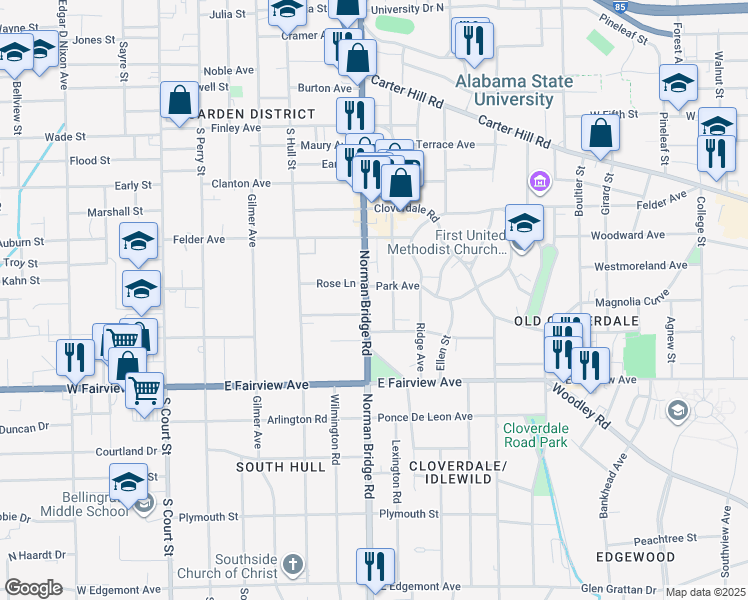 map of restaurants, bars, coffee shops, grocery stores, and more near 1919 Norman Bridge Road in Montgomery