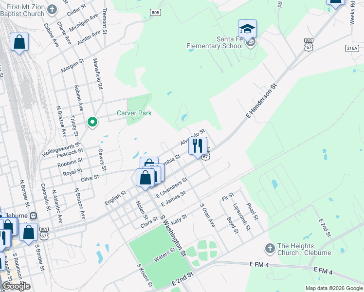 map of restaurants, bars, coffee shops, grocery stores, and more near 1138 Alvarado Street in Cleburne