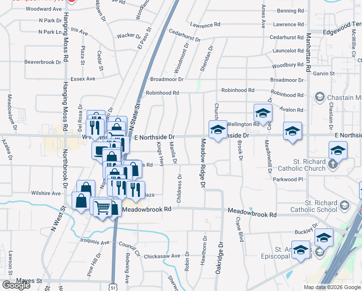 map of restaurants, bars, coffee shops, grocery stores, and more near 4549 Normandy Drive in Jackson