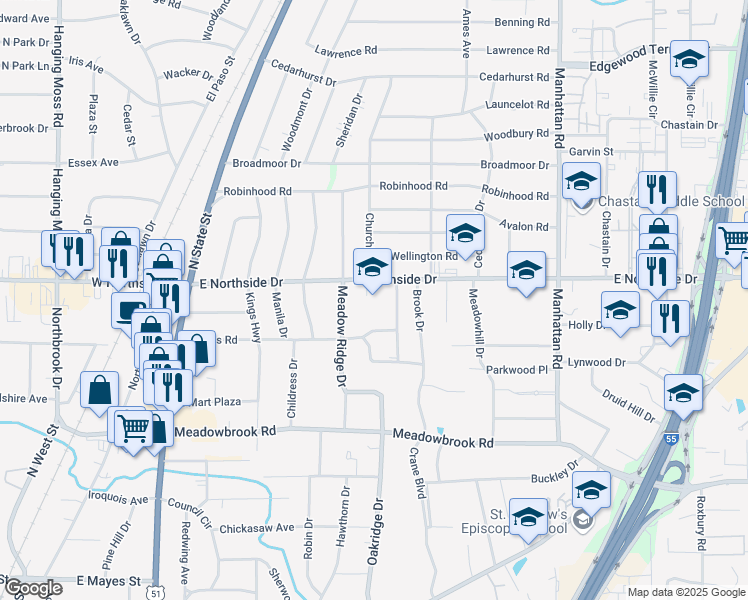 map of restaurants, bars, coffee shops, grocery stores, and more near 4531 Broadmeadow Street in Jackson