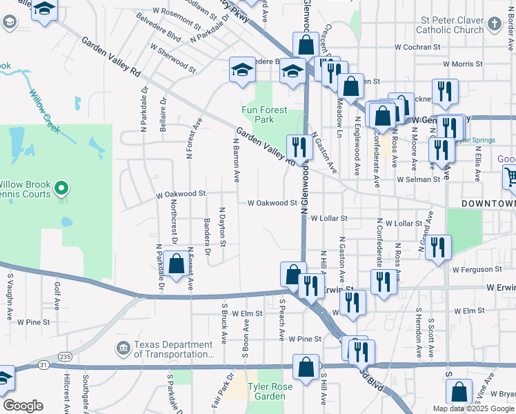 map of restaurants, bars, coffee shops, grocery stores, and more near 1908 West Oakwood Street in Tyler