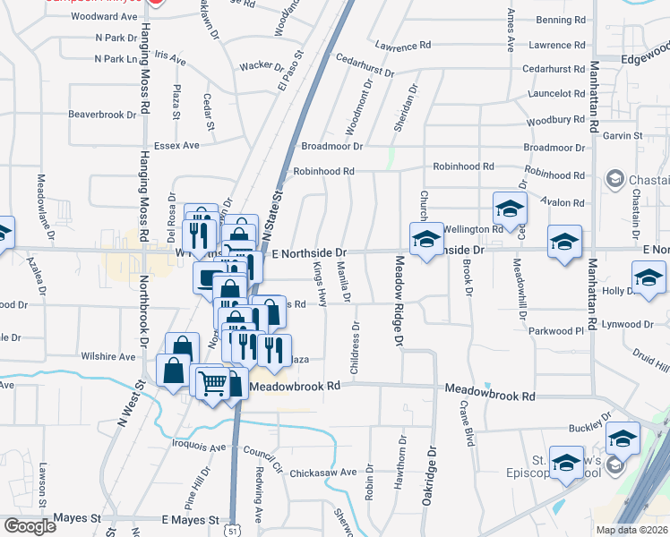 map of restaurants, bars, coffee shops, grocery stores, and more near 4551 Manila Drive in Jackson