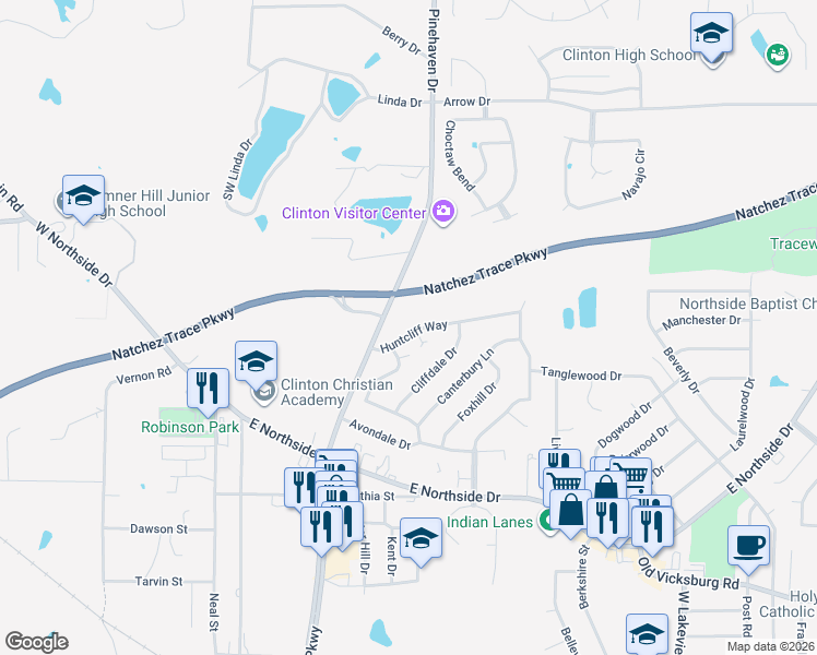 map of restaurants, bars, coffee shops, grocery stores, and more near 1600 Huntcliff Way in Clinton