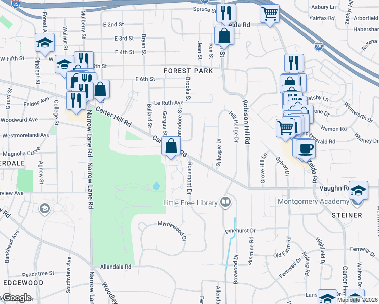 map of restaurants, bars, coffee shops, grocery stores, and more near 2457 Carter Hill Rd in Montgomery