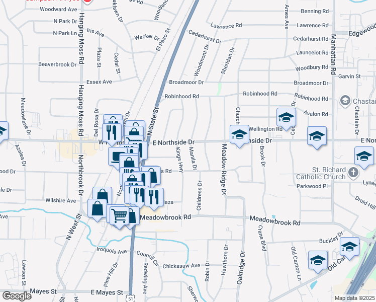map of restaurants, bars, coffee shops, grocery stores, and more near 4551 Manila Drive in Jackson