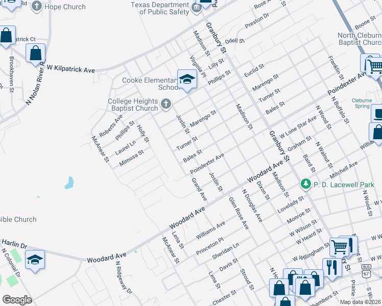 map of restaurants, bars, coffee shops, grocery stores, and more near 1011 Turner Street in Cleburne