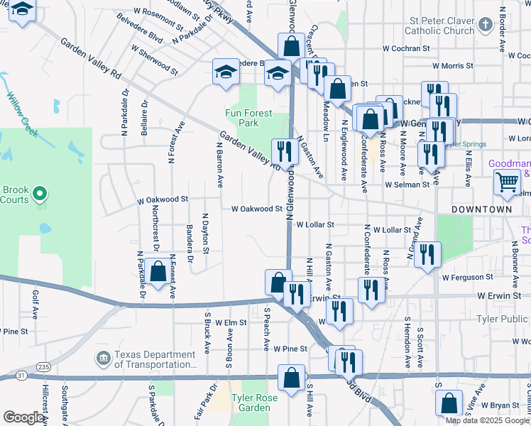 map of restaurants, bars, coffee shops, grocery stores, and more near 1806 West Oakwood Street in Tyler