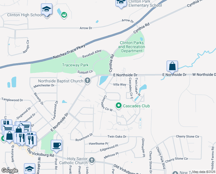 map of restaurants, bars, coffee shops, grocery stores, and more near 104 Waterfall Way in Clinton