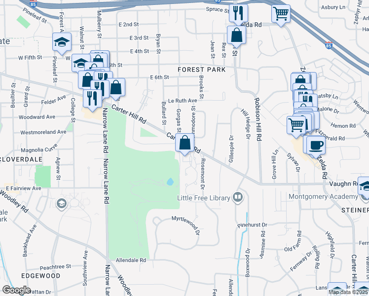 map of restaurants, bars, coffee shops, grocery stores, and more near 2414 Carter Hill Road in Montgomery