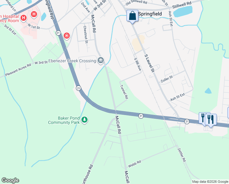 map of restaurants, bars, coffee shops, grocery stores, and more near 575 McCall Road in Springfield